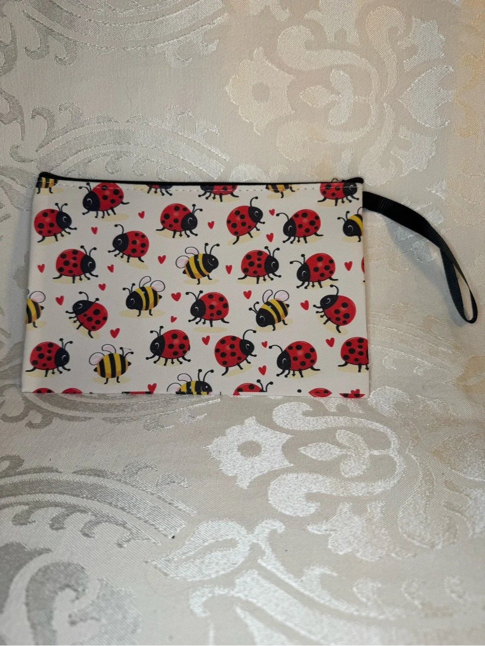 NWOT Cute Ladybug & Bee Print Wristlet Pouch - White/Red